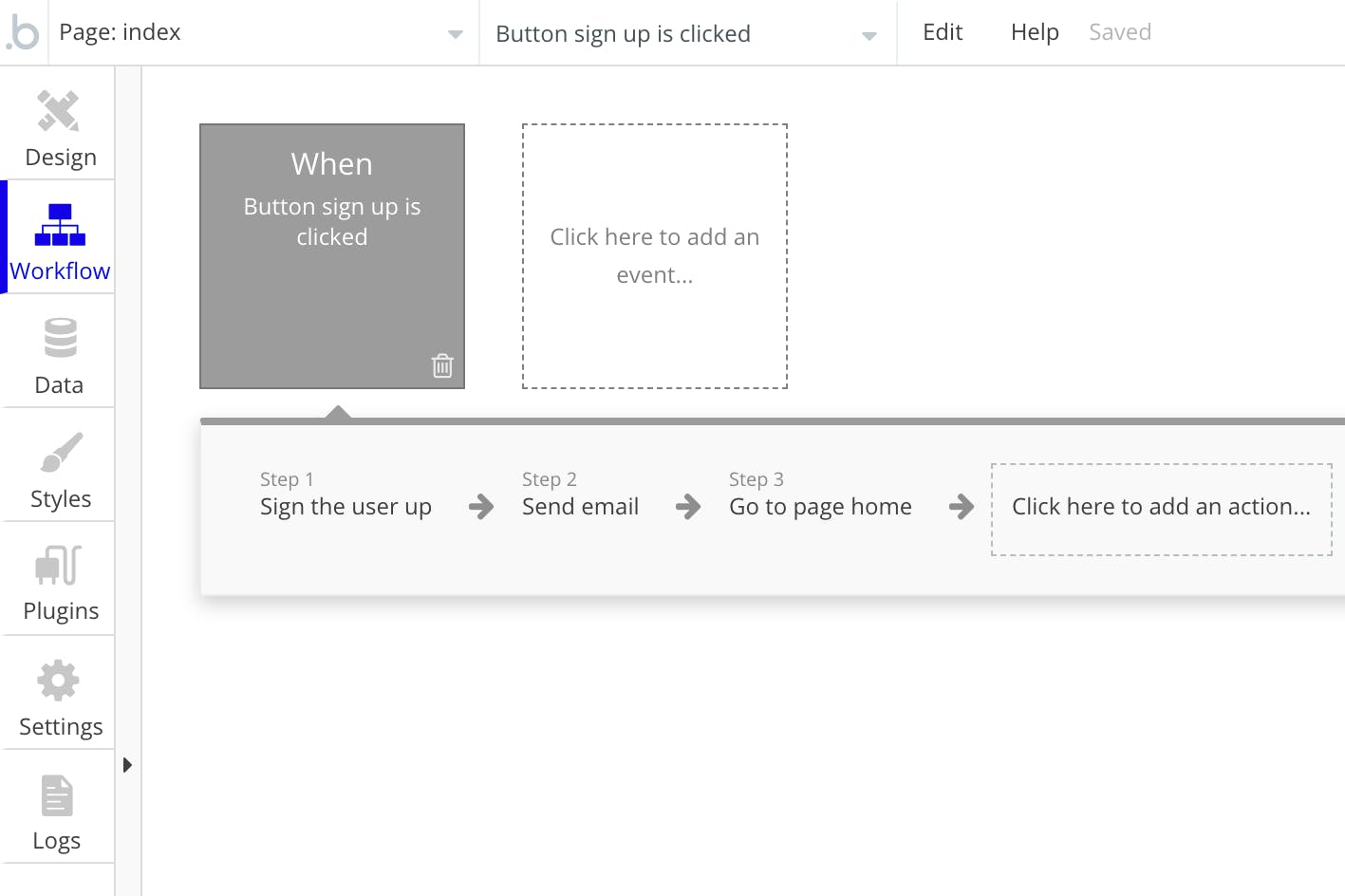 Bubble.io のワークフロー設定画面。複雑なロジックをノーコードで構築できる。