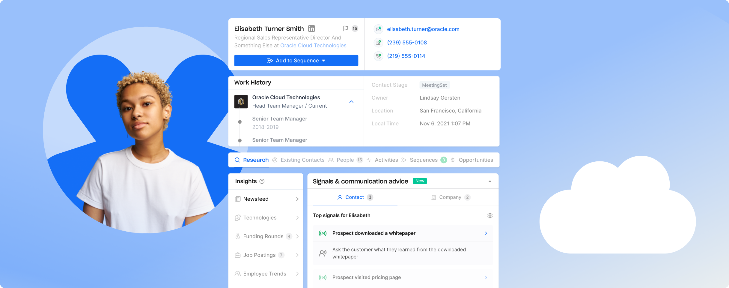 Apollo.io の AI 営業インテリジェンス画面。リードのデータが詳細に表示されている。